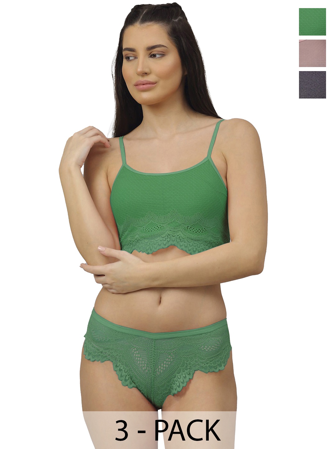 

Aamarsh Women Mid-Rise Non Padded Lingerie Set Pack Of 3, Green