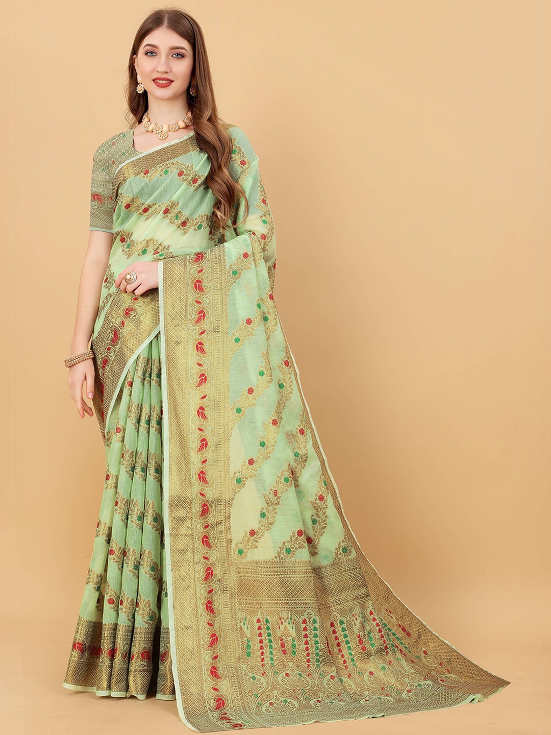 

Zeekha Woven Design Zari Pure Silk Kanjeevaram Saree, Sea green