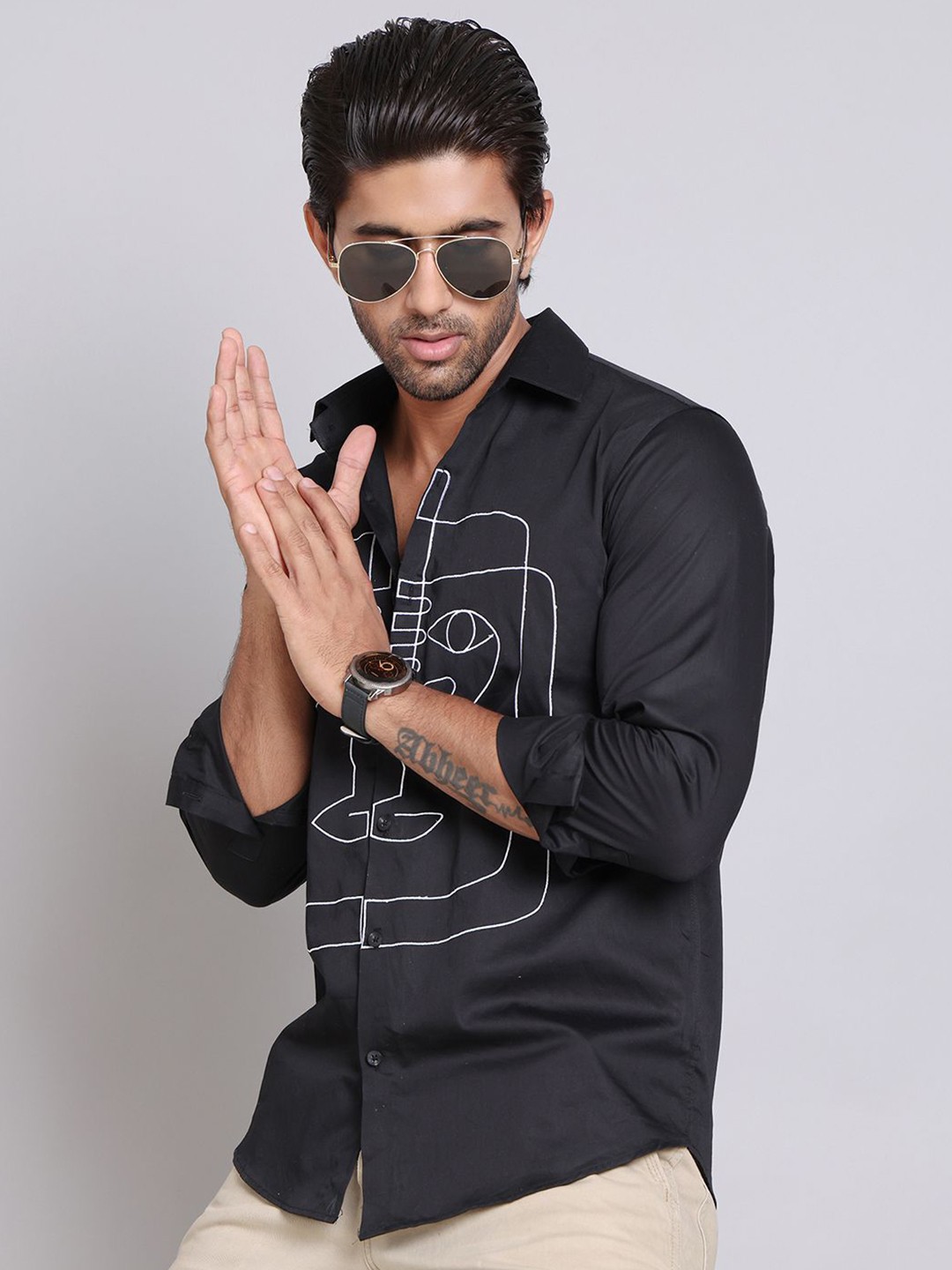 

Indian Needle Men Classic Spread Collar Abstract Printed Cotton Casual Shirt, Black