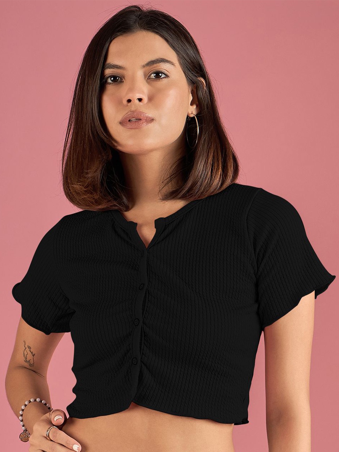 

DressBerry Women Self Design Mandarin Collar Top, Black