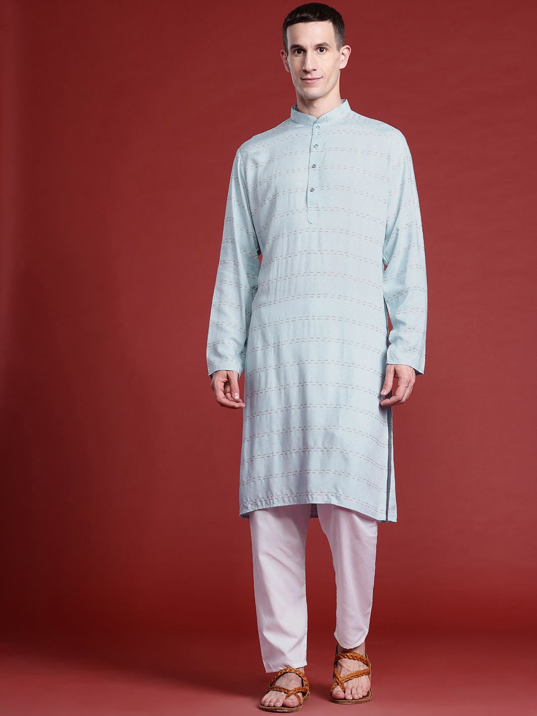 

MANQ Geometric Woven Design Mandarin Collar Pure Cotton Straight Kurta, Blue