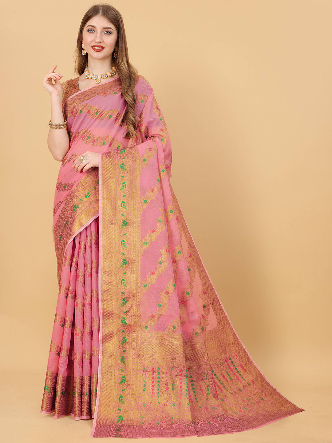 

Zeekha Woven Design Zari Pure Silk Kanjeevaram Saree, Pink