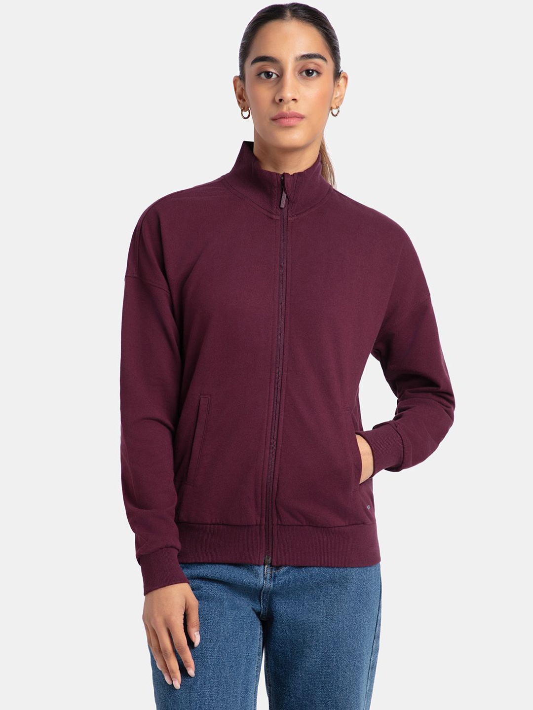 

Jockey Women Super Combed Cotton Drop Shoulder Ribbed Cuff and Hem Sporty Jacket, Red