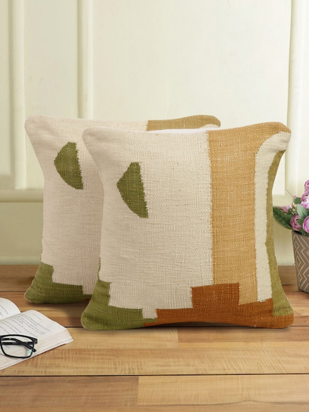 

eyda Beige & Green 2 Pieces Abstract Cotton Square Cushion Covers