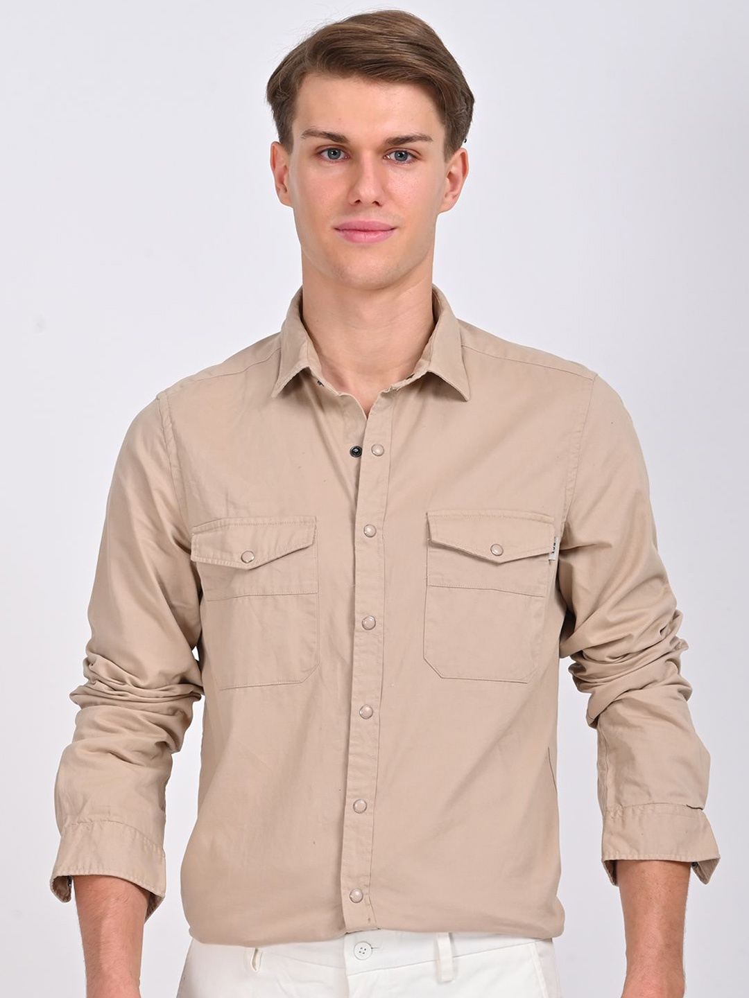 

POE Men Smart Slim Fit Opaque Casual Shirt, Beige