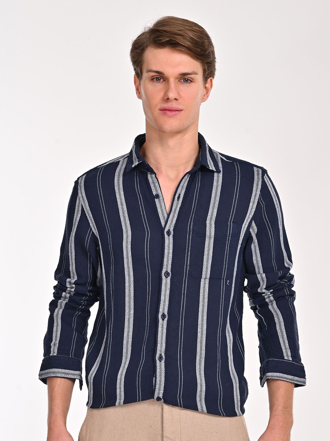 

POE Men Smart Slim Fit Opaque Striped Casual Shirt, Navy blue