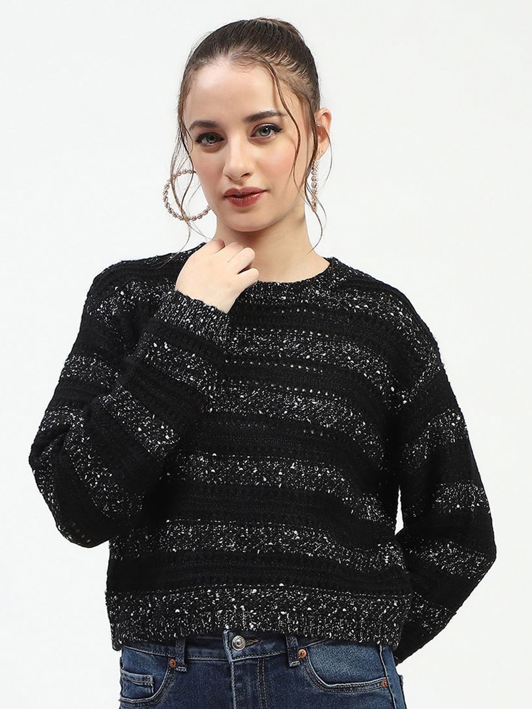 

Madame Women Striped Self Design Pullover, Black