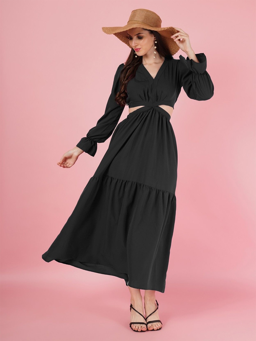 

Vastani Enterprise women Puff Sleeve Applique Maxi Dress, Black