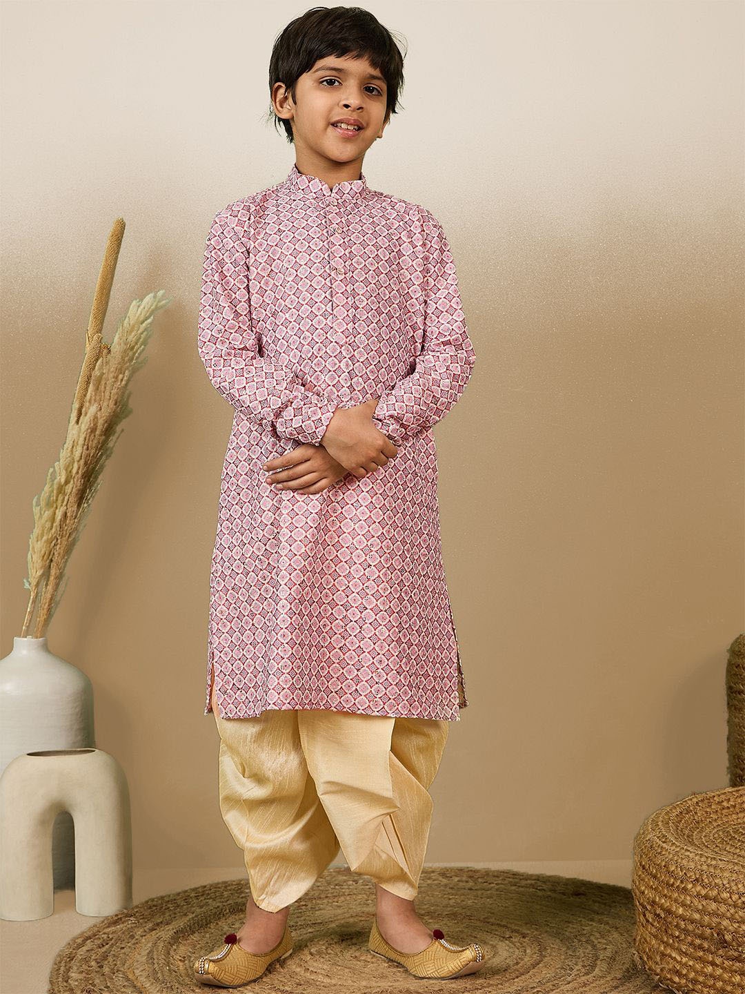 

Here&Now X Sanwara Boys Floral Printed Regular Sequinned Pure Cotton Kurta with Dhoti Pants, Rust