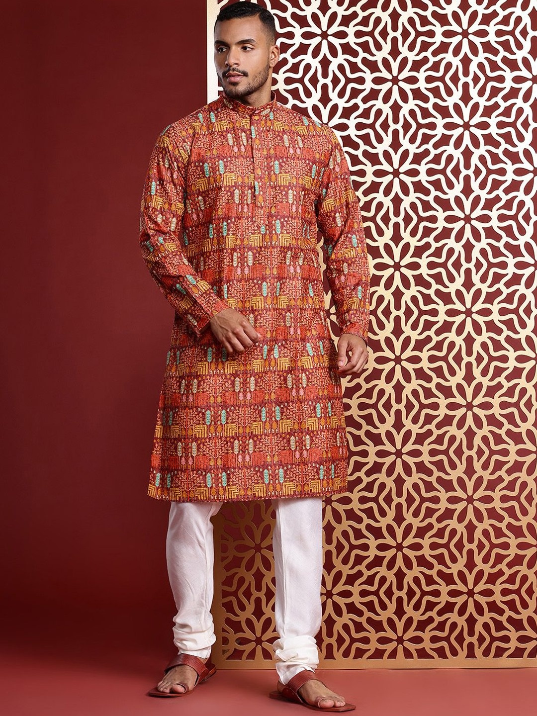 

MANQ Floral Embroidered Mandarin Collar Sequinned Pure Cotton Straight Kurta, Rust