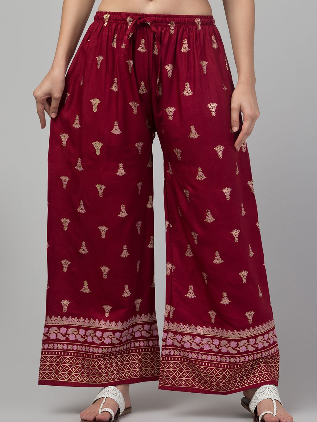 

FAMBEE Women Ethnic Motifs Printed Flared Knitted Palazzos, Maroon