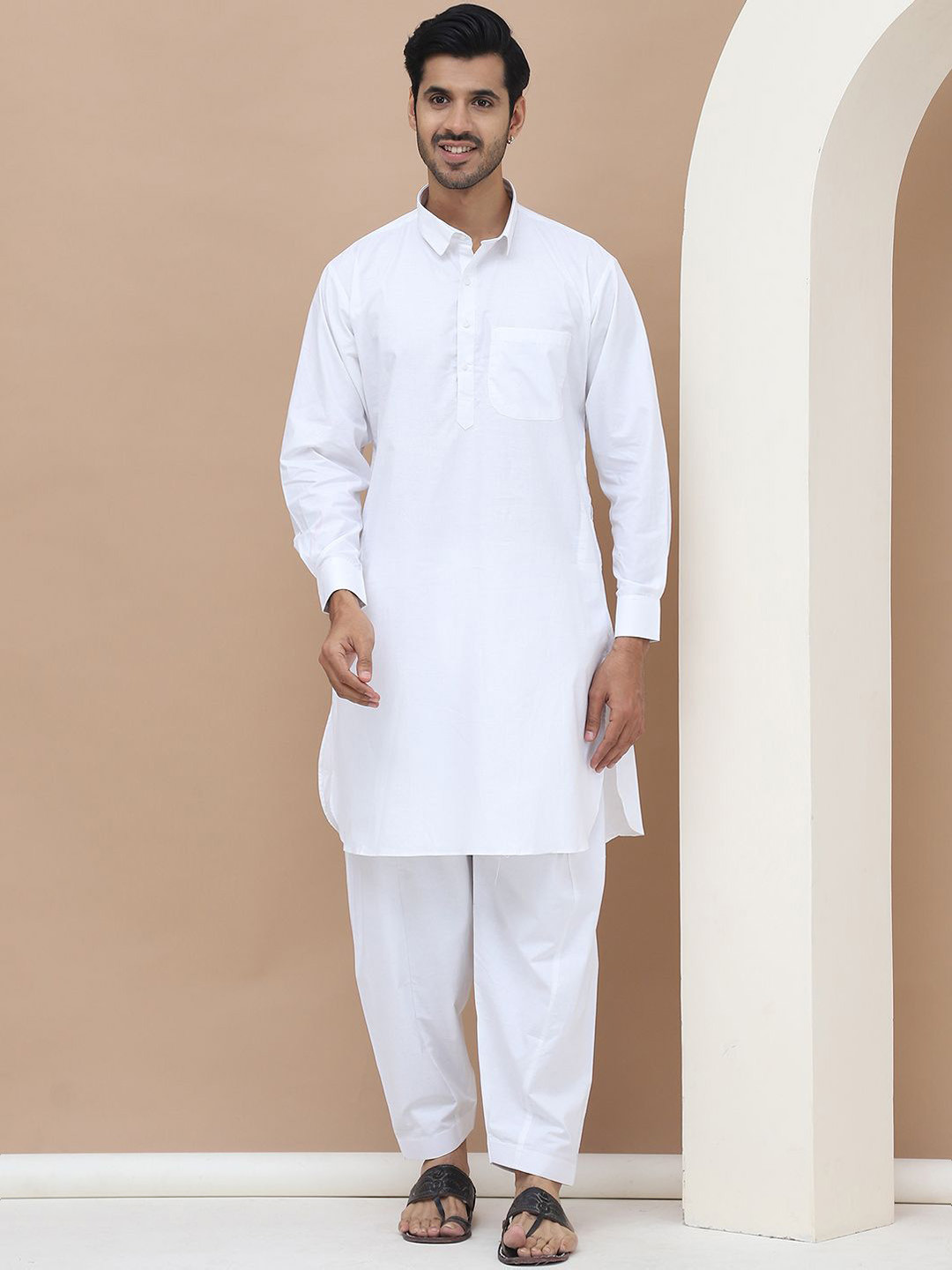 

TAG 7 Shirt Collar Pure Cotton Straight Kurta with Salwar, White