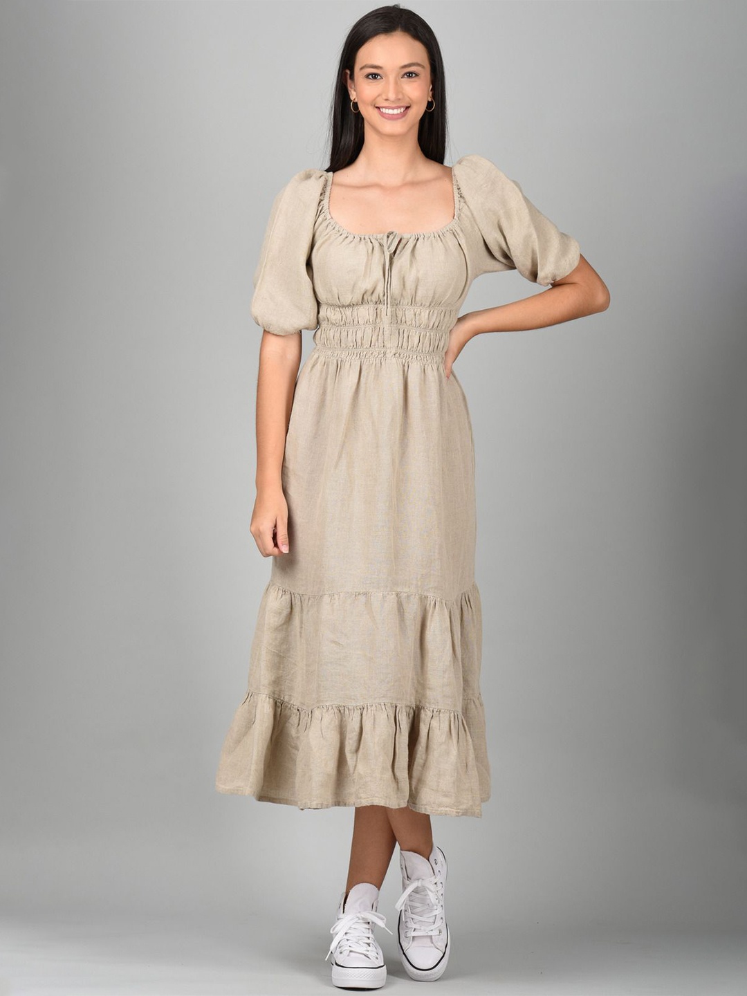 

Linen Options Women Solid Linen Tie-Up Neck Puff Sleeve Fit and Flare Midi Dress, Beige