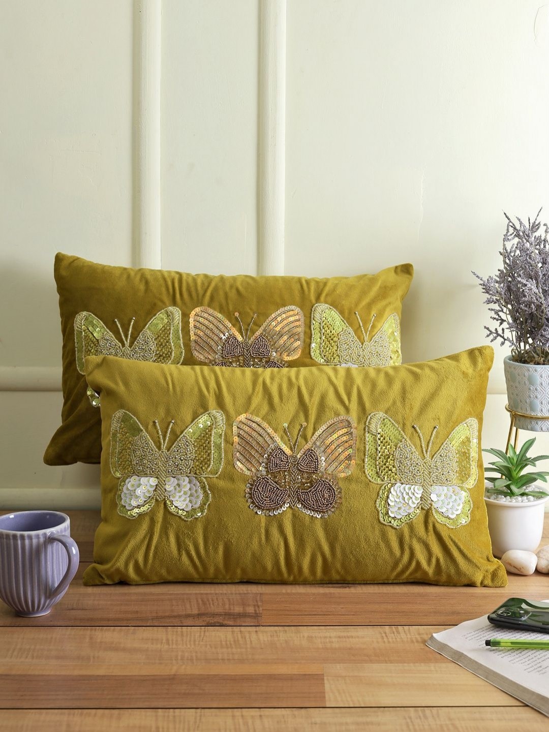 

eyda Olive Green 2 Pieces Embellished Velvet Rectangle Cushion Covers