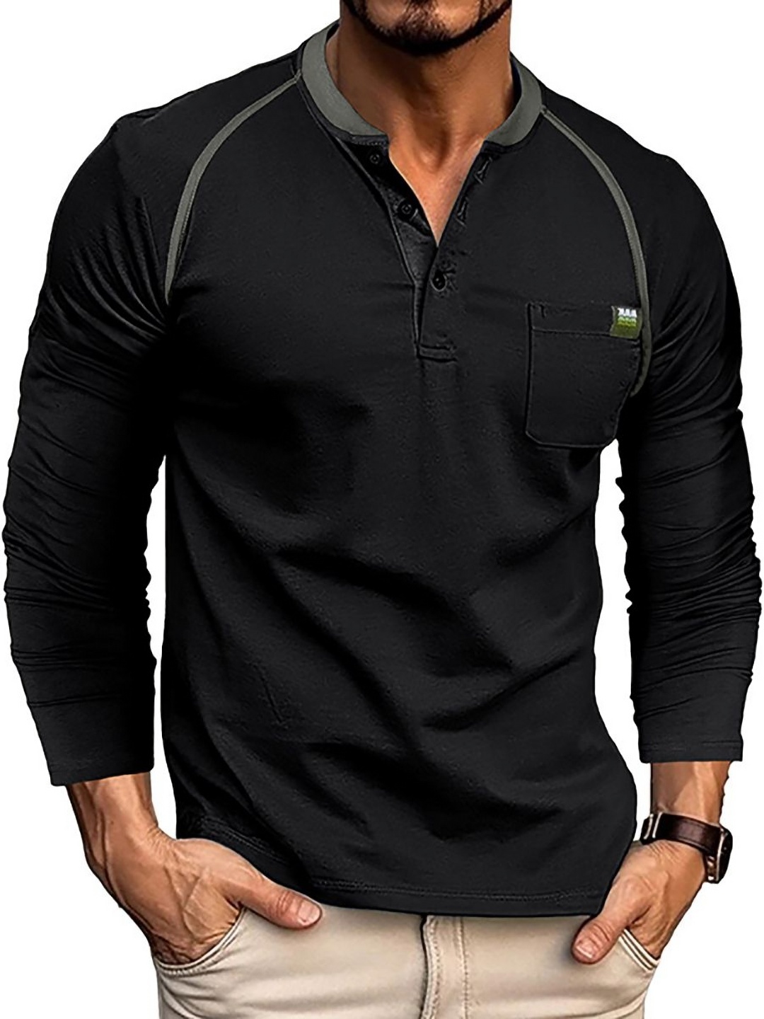 

StyleCast x Revolte Men Solid Henley Neck Cotton T-shirt, Black
