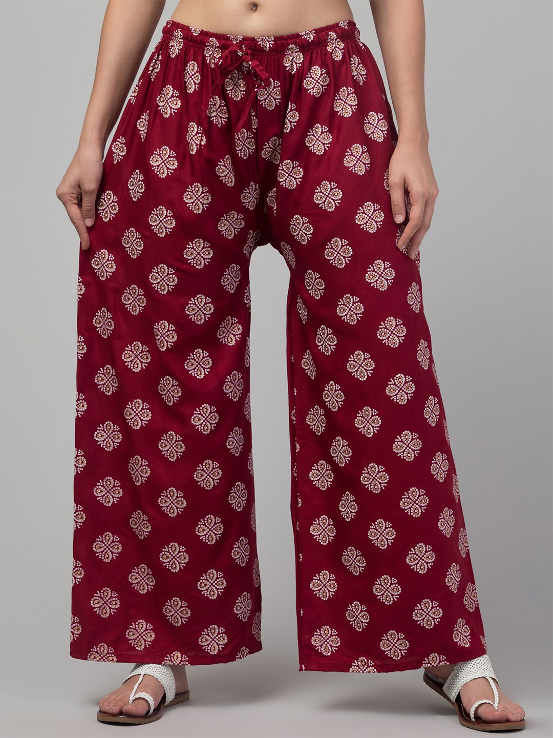 

FAMBEE Women Ethnic Motifs Printed Flared Knitted Palazzos, Maroon