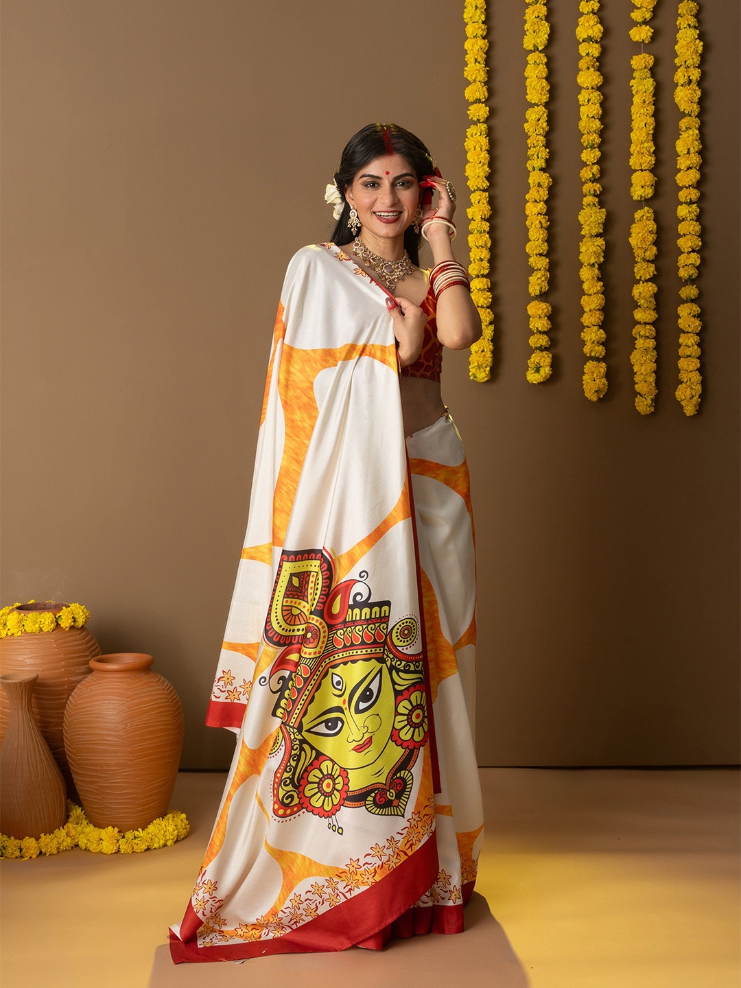 

RACHNA Durga Meize Printed Dola Silk Saree, Off white