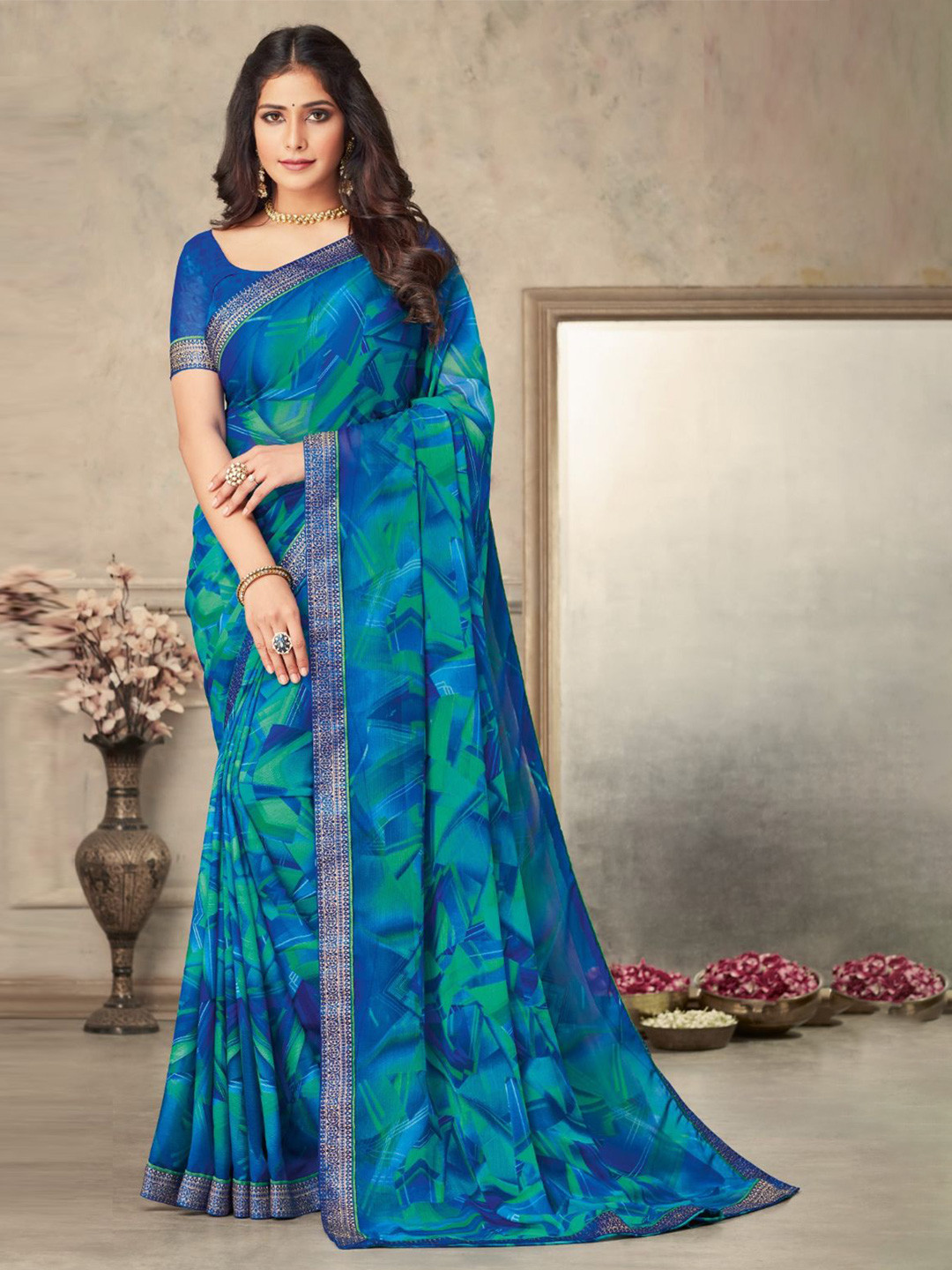 

Reboot Fashions Zari Pure Chiffon Saree, Blue
