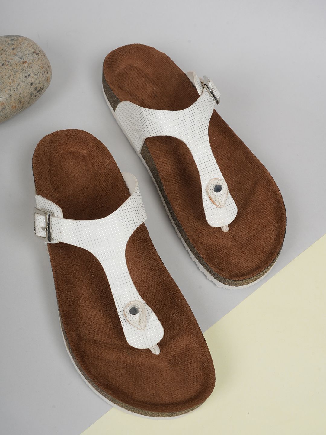 

MOZAFIA Women T-Strap Flats with Buckles, White