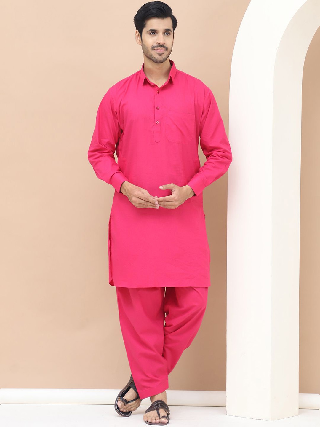 

TAG 7 Shirt Collar Pure Cotton Straight Kurta with Salwar, Pink