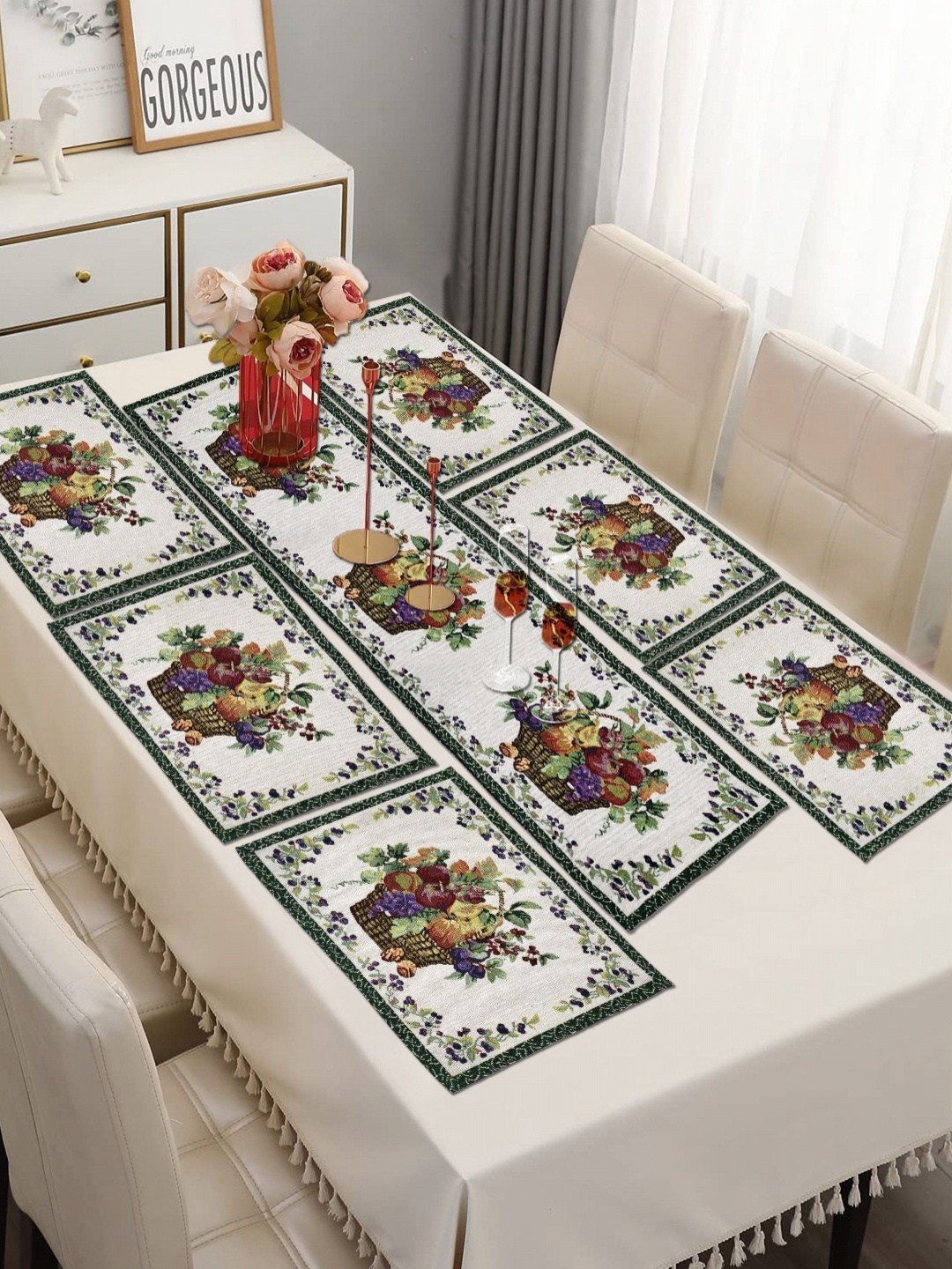 

ANA Green 6 Pieces Table Placemats with Runner, Multi