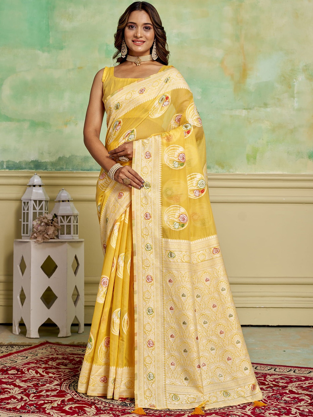 

KAYOMMI Ethnic Motifs Zari Pure Cotton Banarasi Saree, Yellow