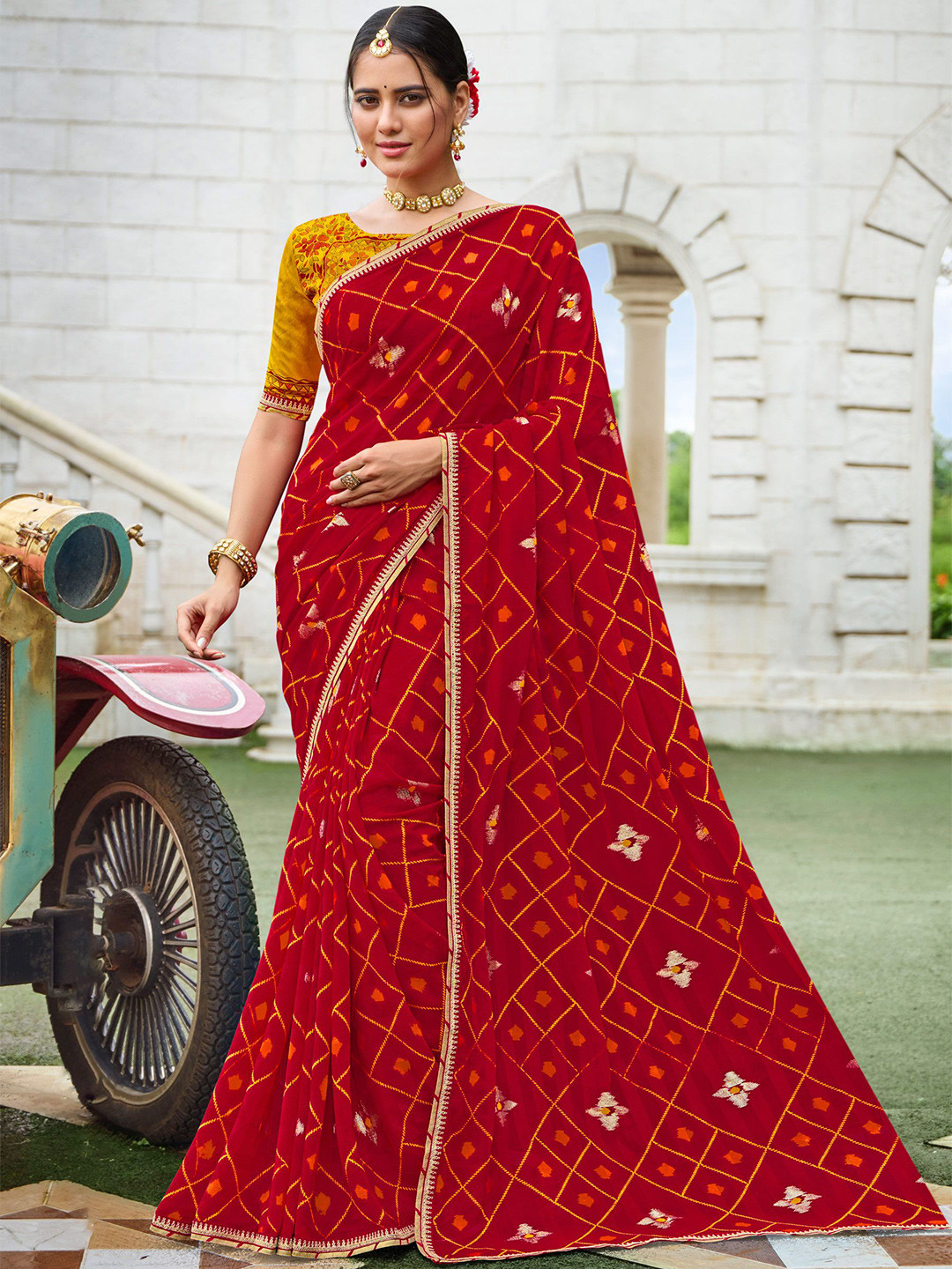 

Laxmipati Ethnic Motifs Sequinned Poly Chiffon Saree, Red