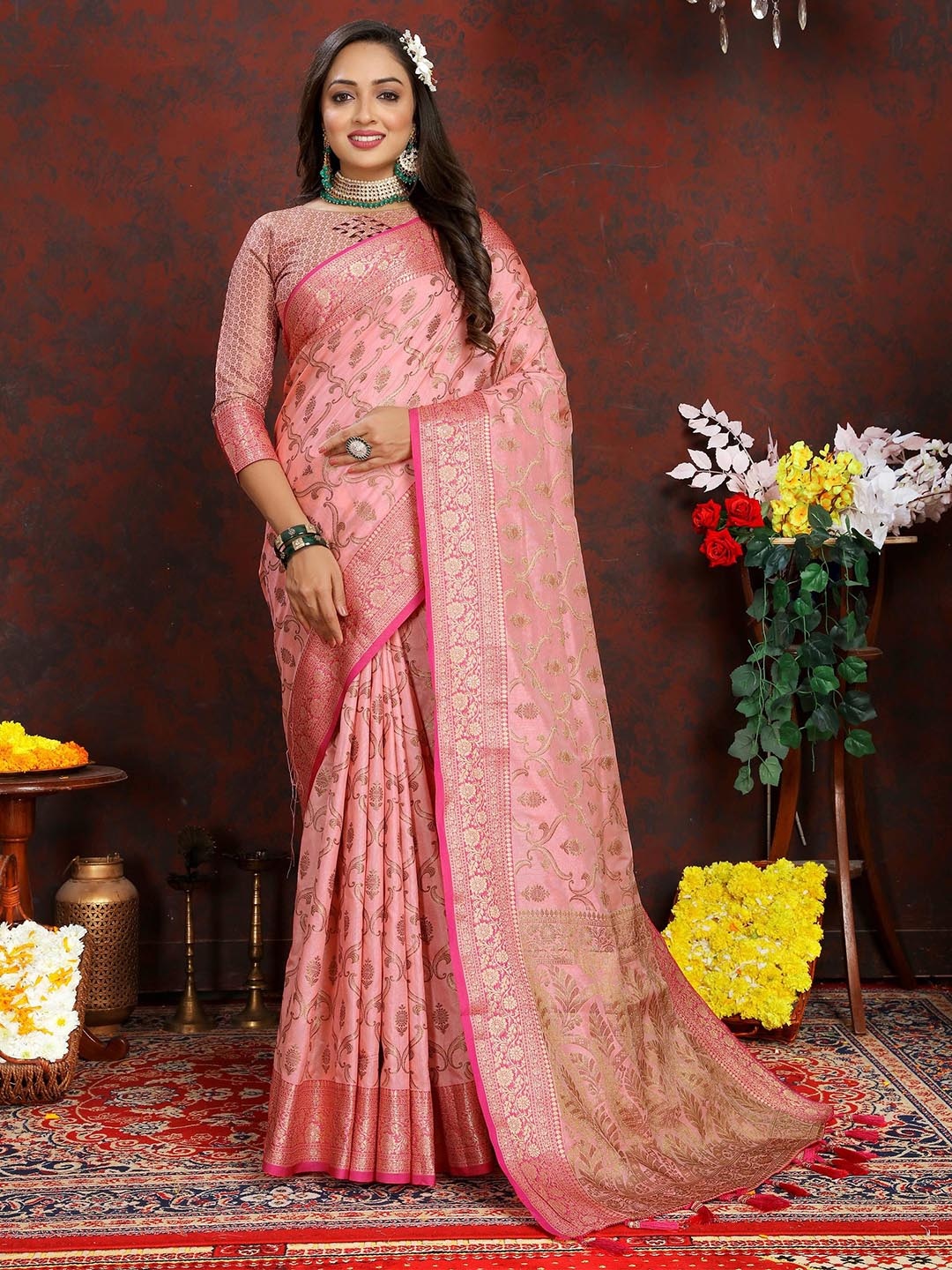 

Zeekha Woven Design Zari Pure Silk Kanjeevaram Saree, Pink