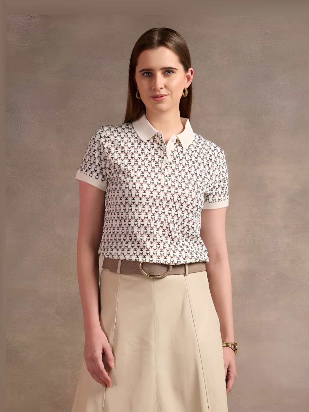 

U.S. Polo Assn. Women Conversational Printed Polo Collar T-shirt, Cream