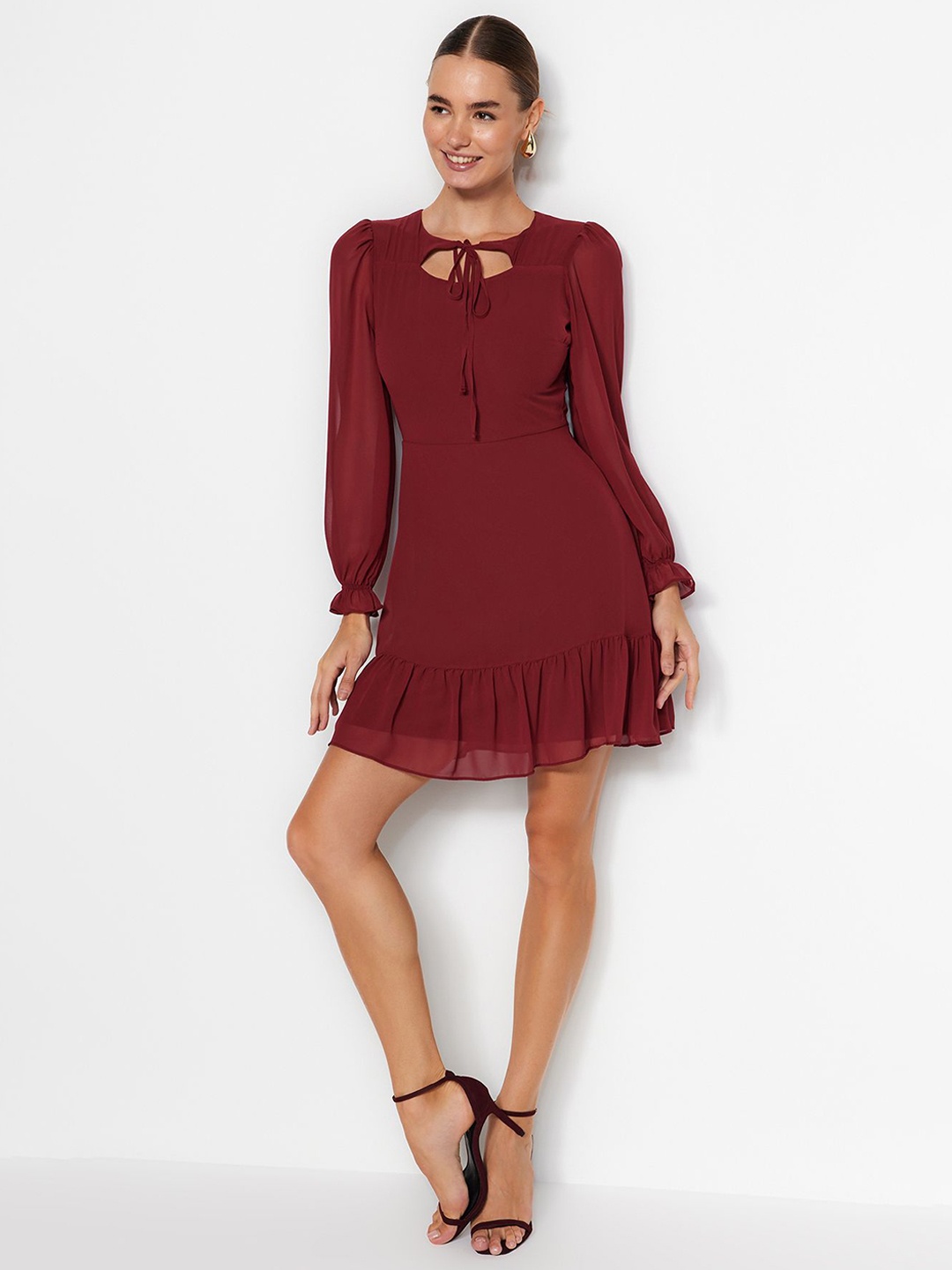 

Trendyol Tie-Up Neck Puff Sleeve Fit & Flare Dress, Na