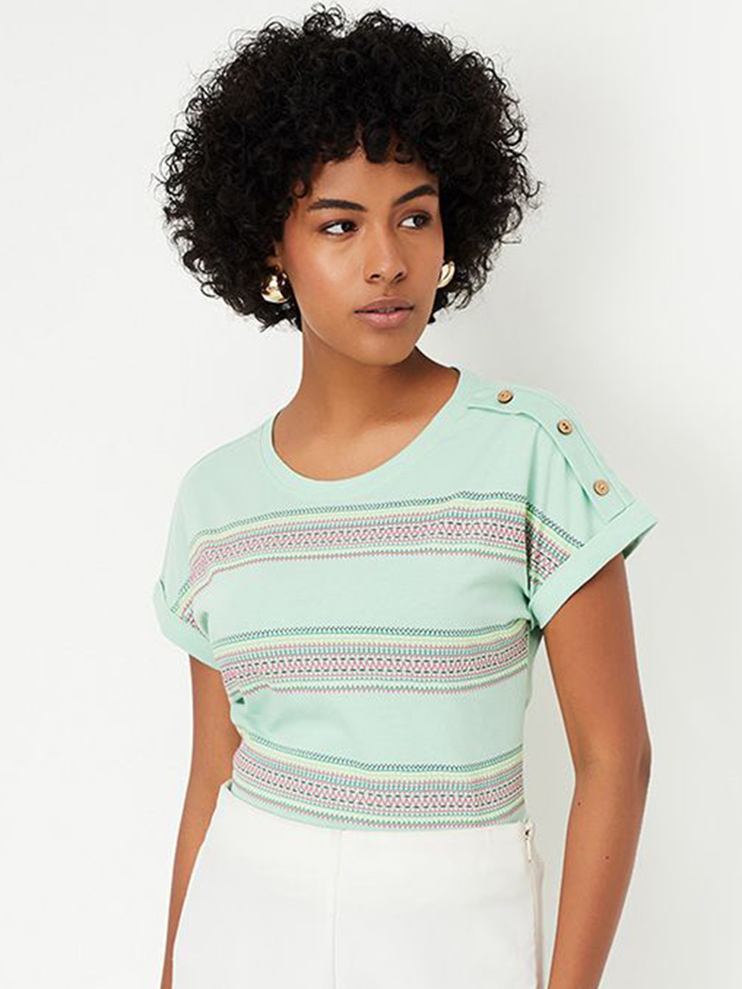 

max Women Graphic Printed Round Neck Cotton T-shirt, Green