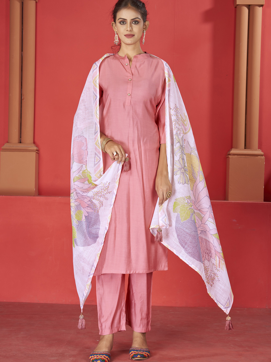 

STYLE SAMSARA Mandarin Collar Art Silk Regular Straight Kurta with Trousers & Dupatta, Pink