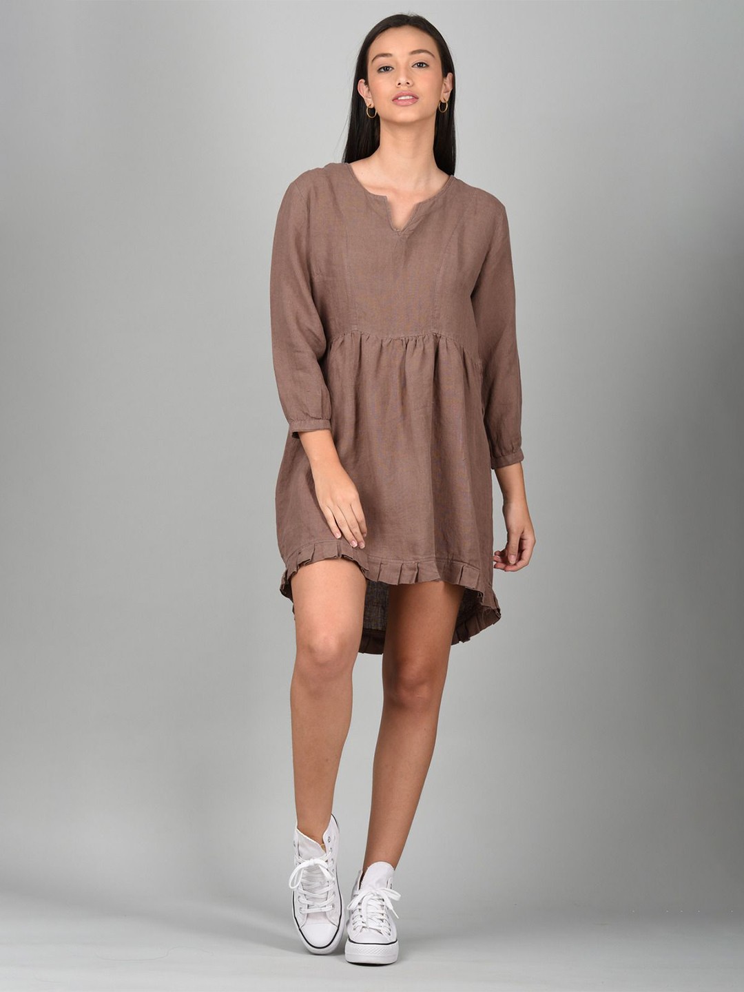 

Linen Options Women Solid Linen Fit and Flare Mini Dress, Brown