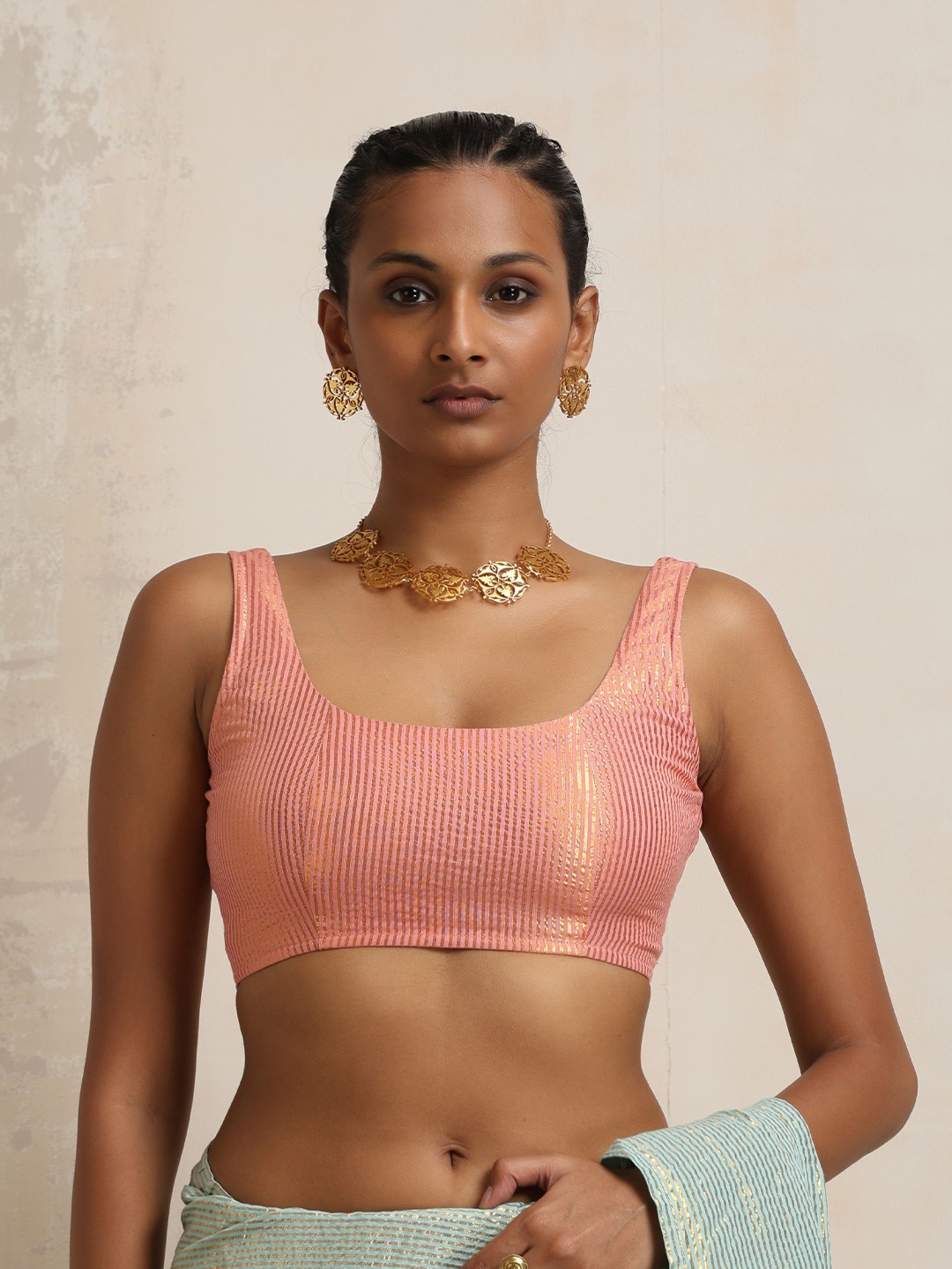 

trueBrowns Striped Cotton Sleeveless Saree Blouse, Peach