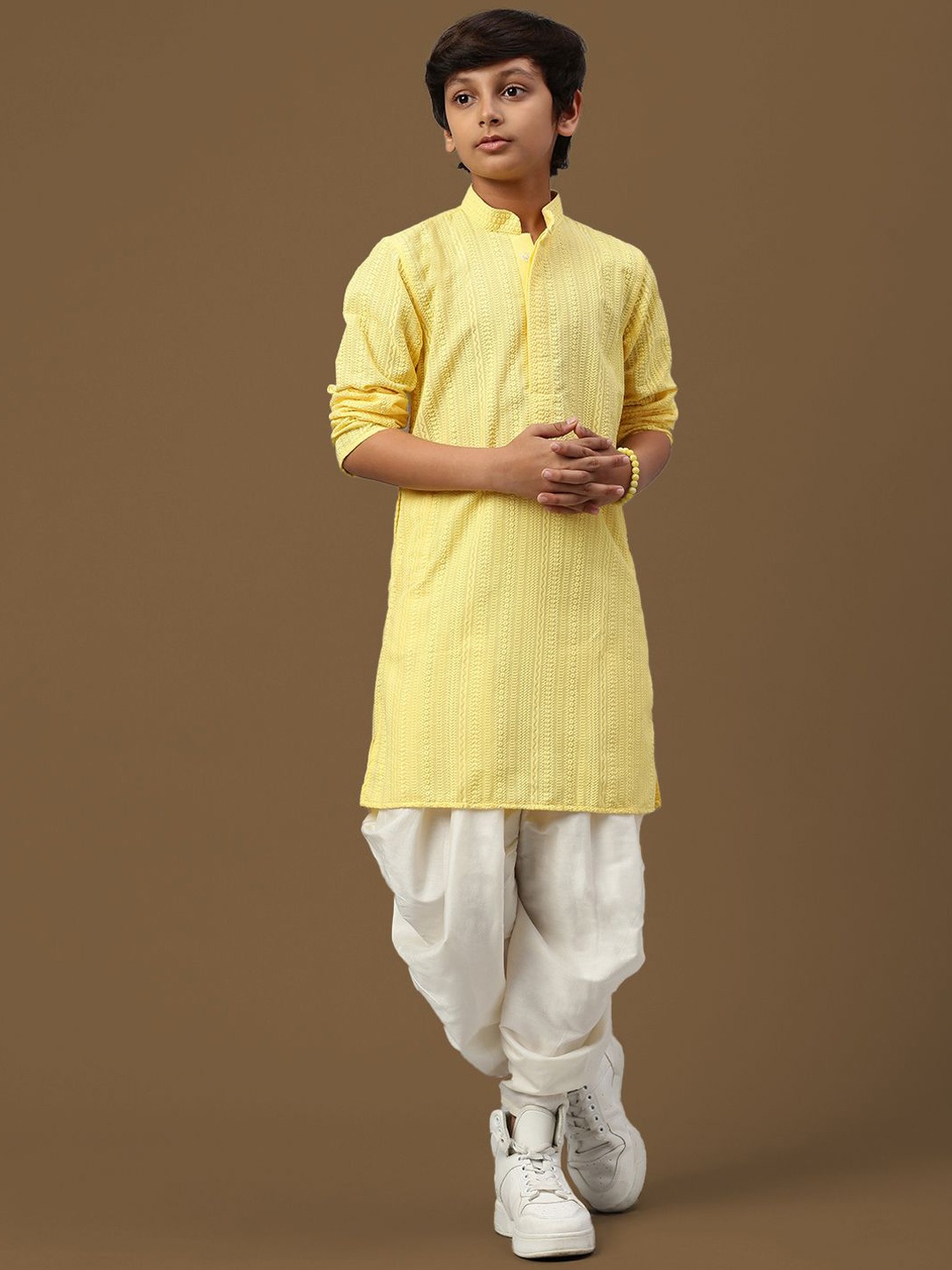 

Here&Now X Sanwara Boys Floral Embroidered Regular Chikankari Kurta with Dhoti Pants, Yellow