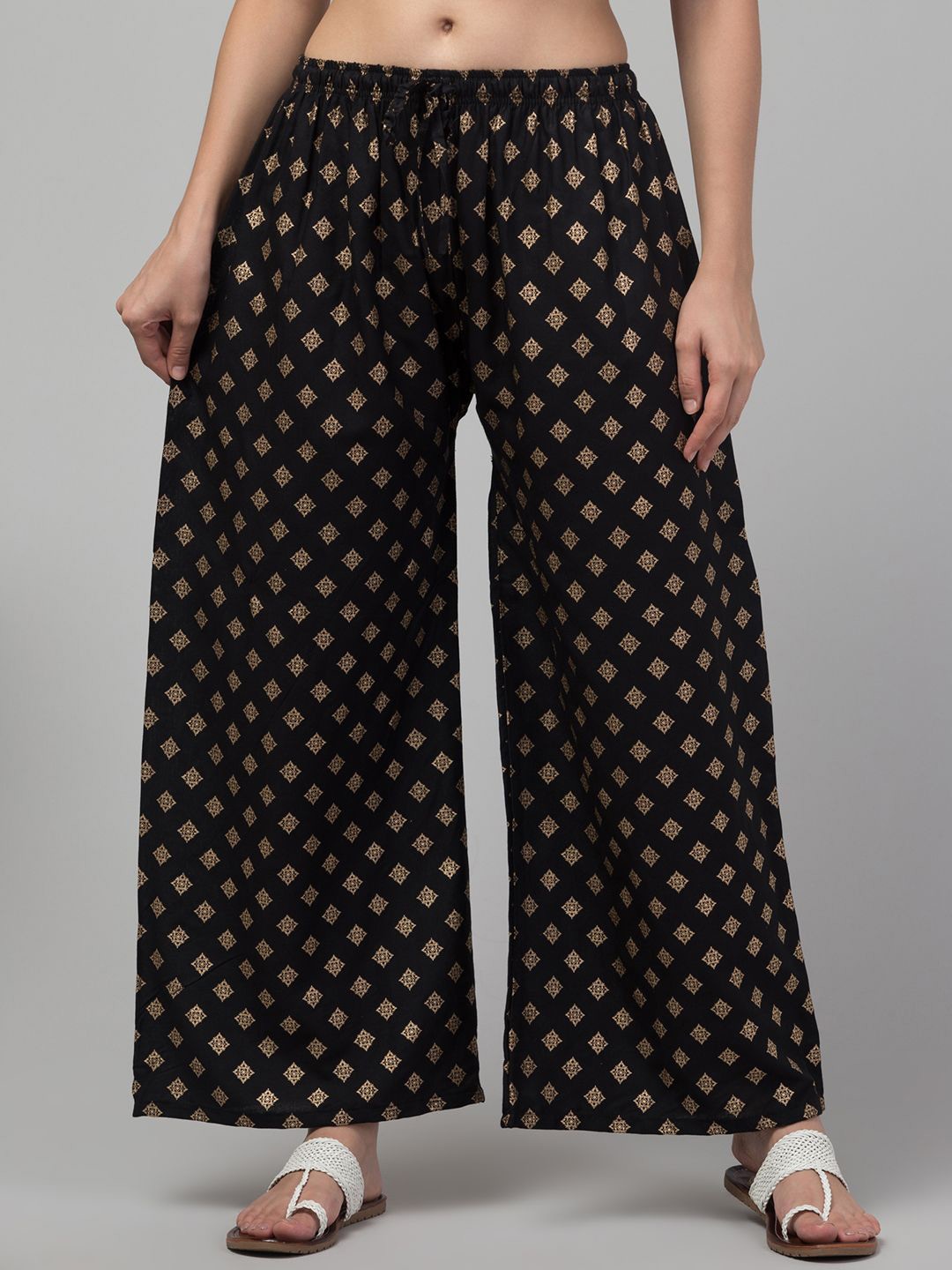 

FAMBEE Women Printed Flared Knitted Palazzos, Black