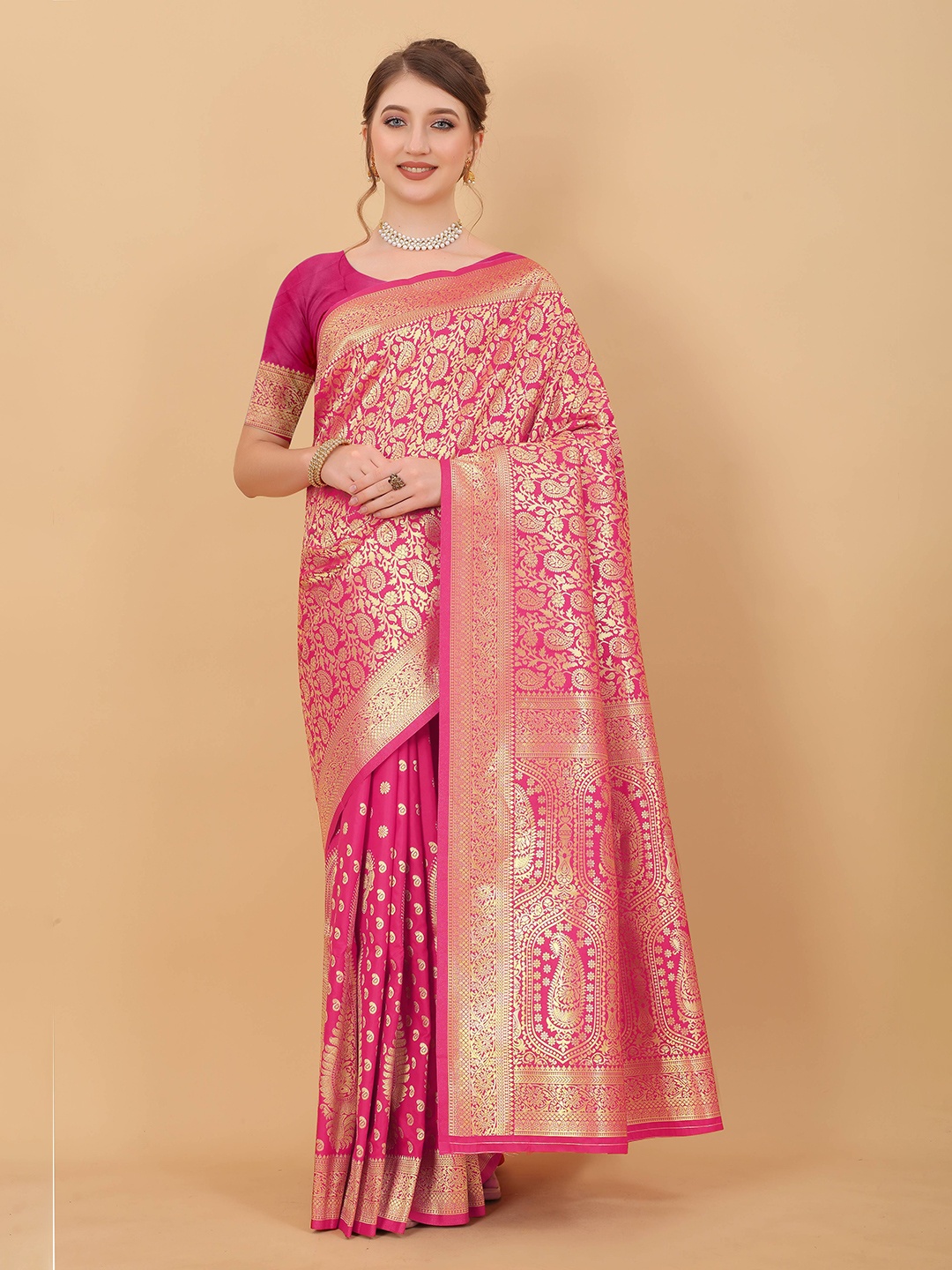 

Zeekha Woven Design Zari Pure Silk Kanjeevaram Saree, Pink