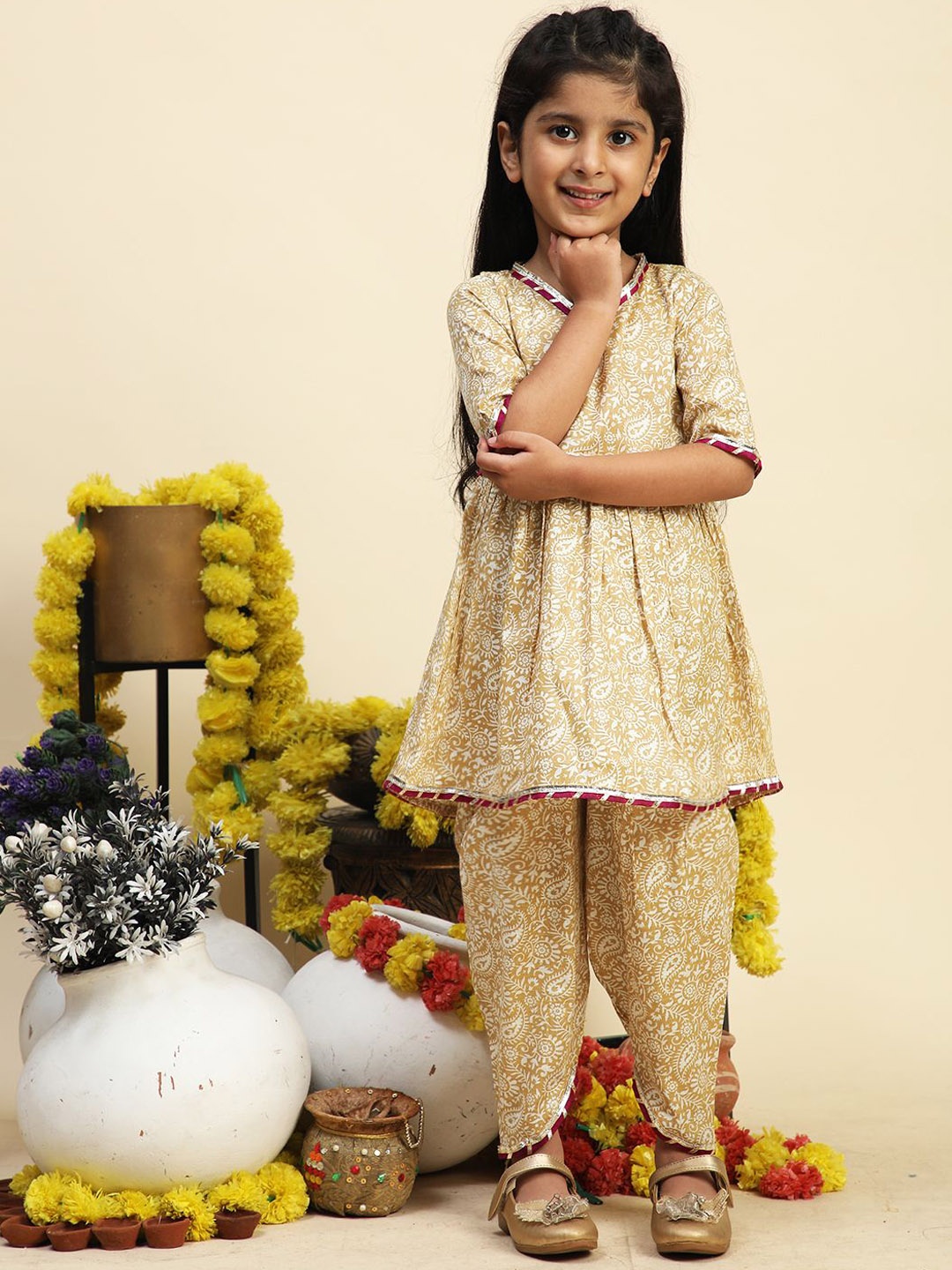 

Cutiekins Girls Paisley Printed Regular Kurta with Dhoti Pants, Beige