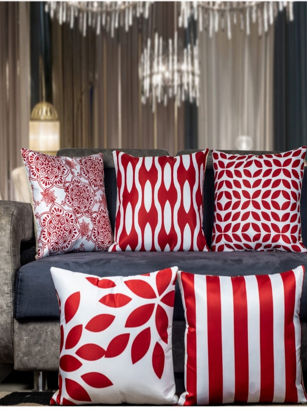 

Vendola Red & White 5 Pieces Striped Satin Square Cushion Covers