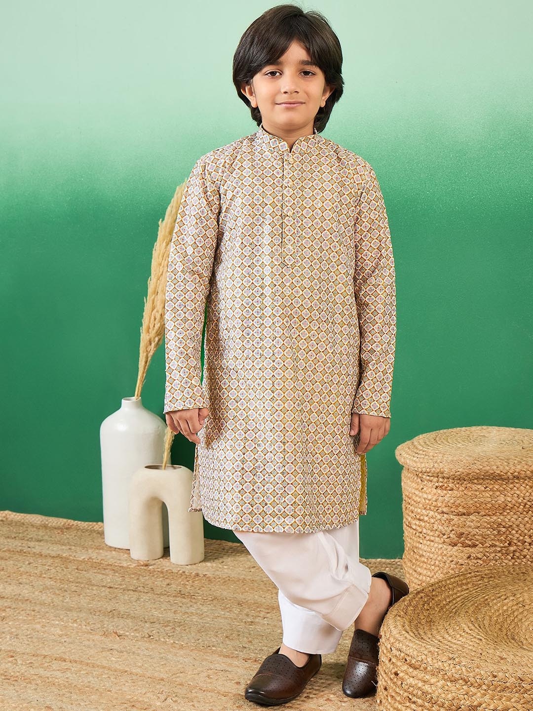 

Sangria Boys Printed With Sequin Cotton Straight Kurta, Brown