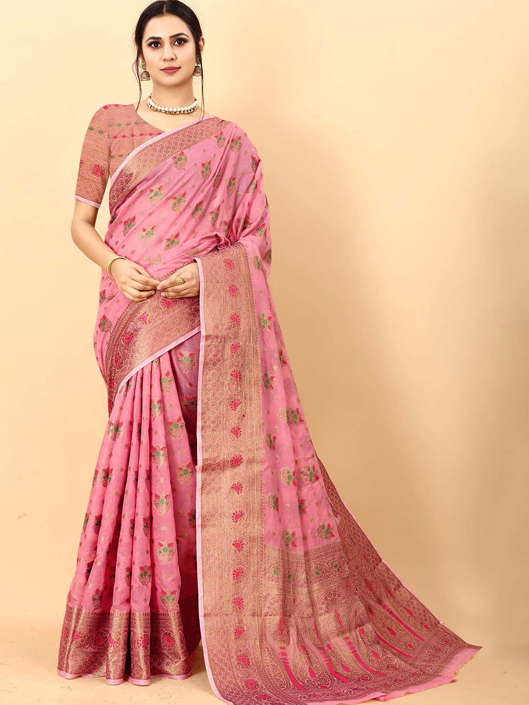 

Zeekha Woven Design Zari Pure Silk Kanjeevaram Saree, Pink