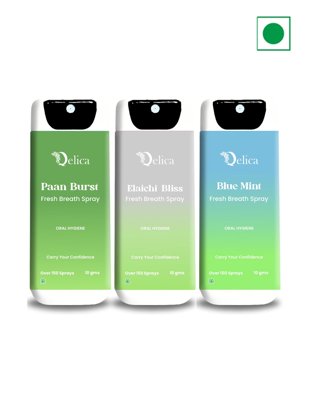 

Qelica Set Of 3 Paan Burst, Elaichi Bliss & Blue Mint Fresh Breath Spray 10 g Each