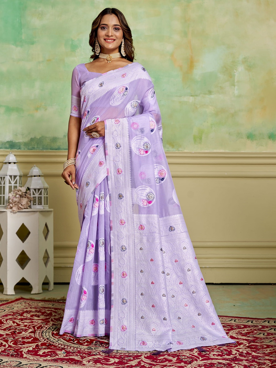 

KAYOMMI I Women Ethnic Motifs Zari Pure Cotton Banarasi Saree with tassel, Lavender