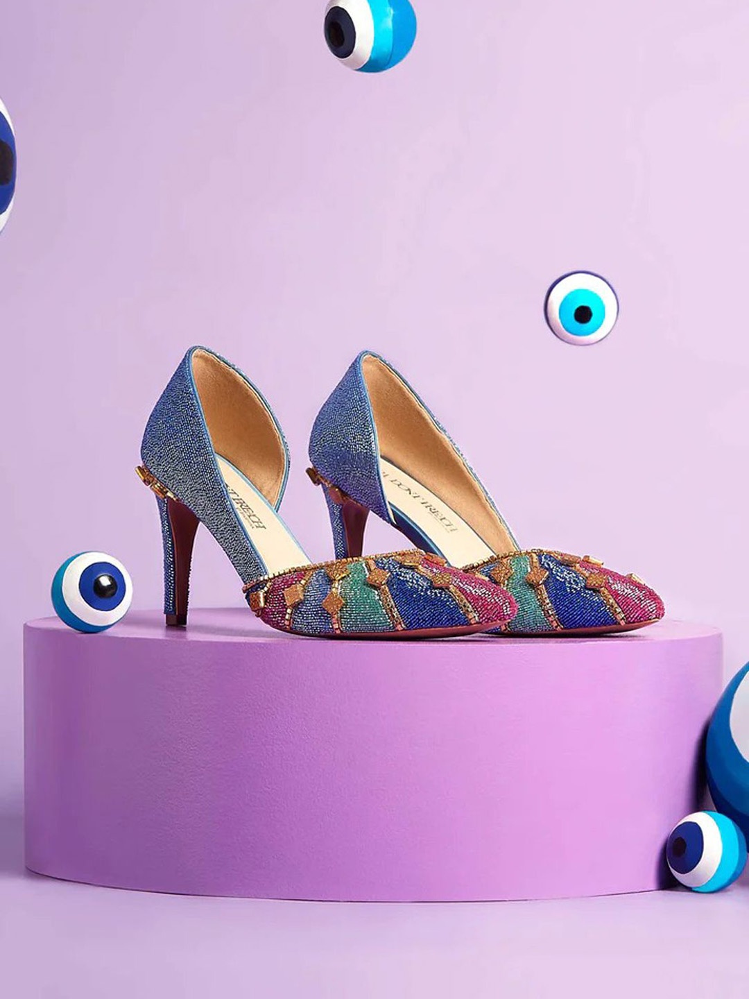 

Papa Don't Preach Printed PU Block Pumps, Blue