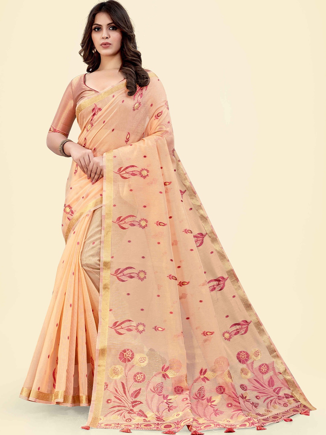 

SARHA Woven Design Zari Pure Cotton Saree, Peach