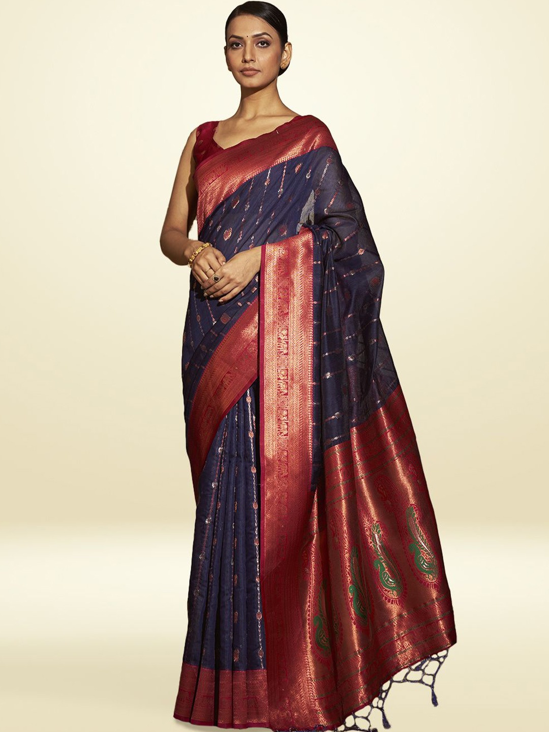 

SARHA Woven Design Zari Pure Cotton Saree, Blue