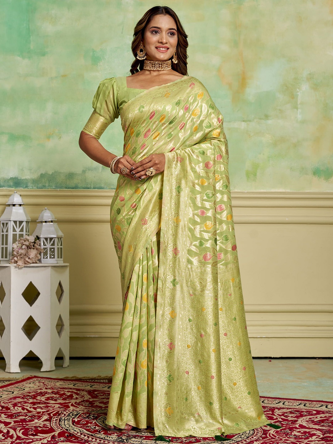

KAYOMMI Floral Woven Zari Pure Cotton Banarasi Saree, Green