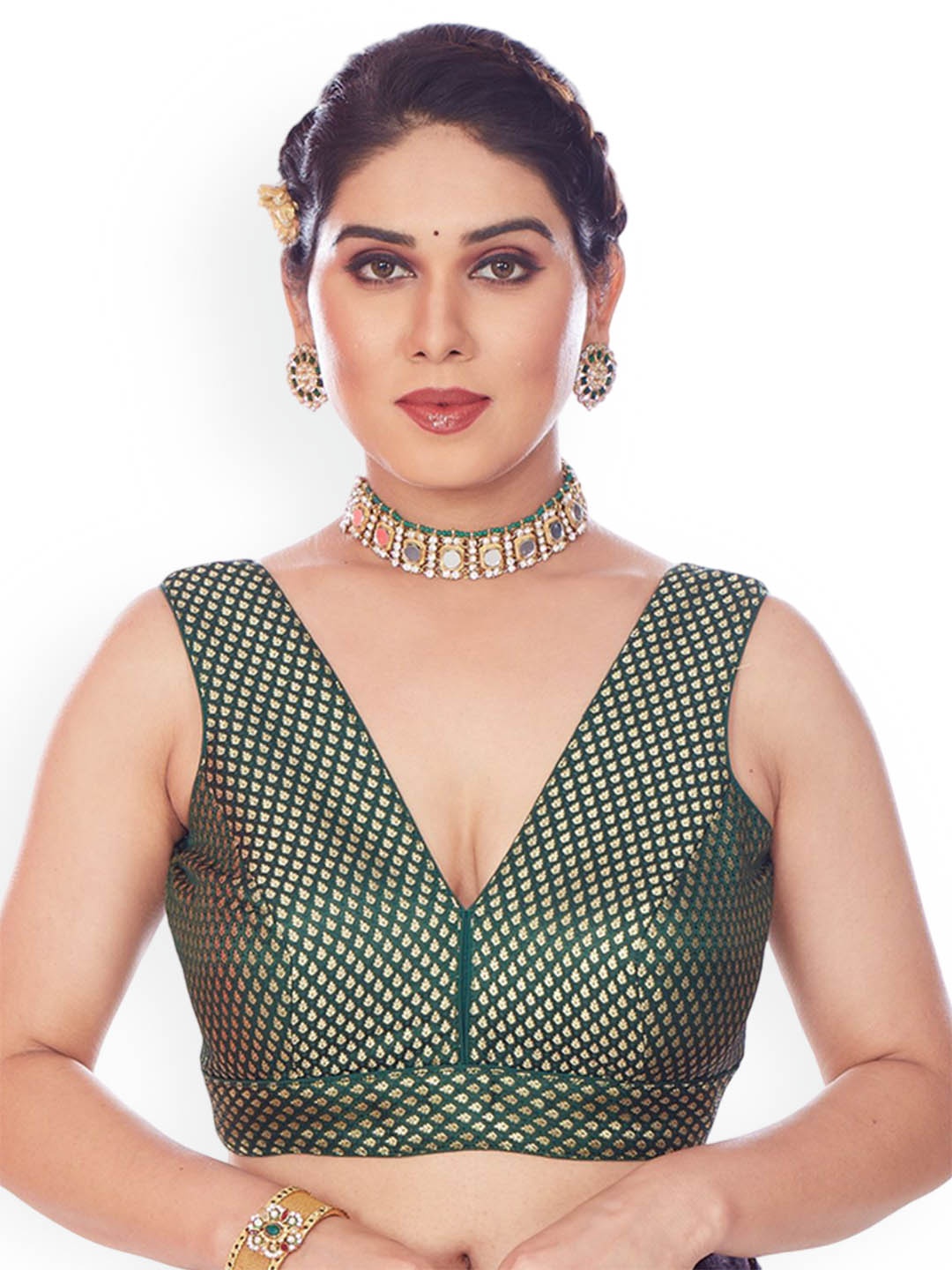 

Mmore Printed Padded Saree Blouse, Green