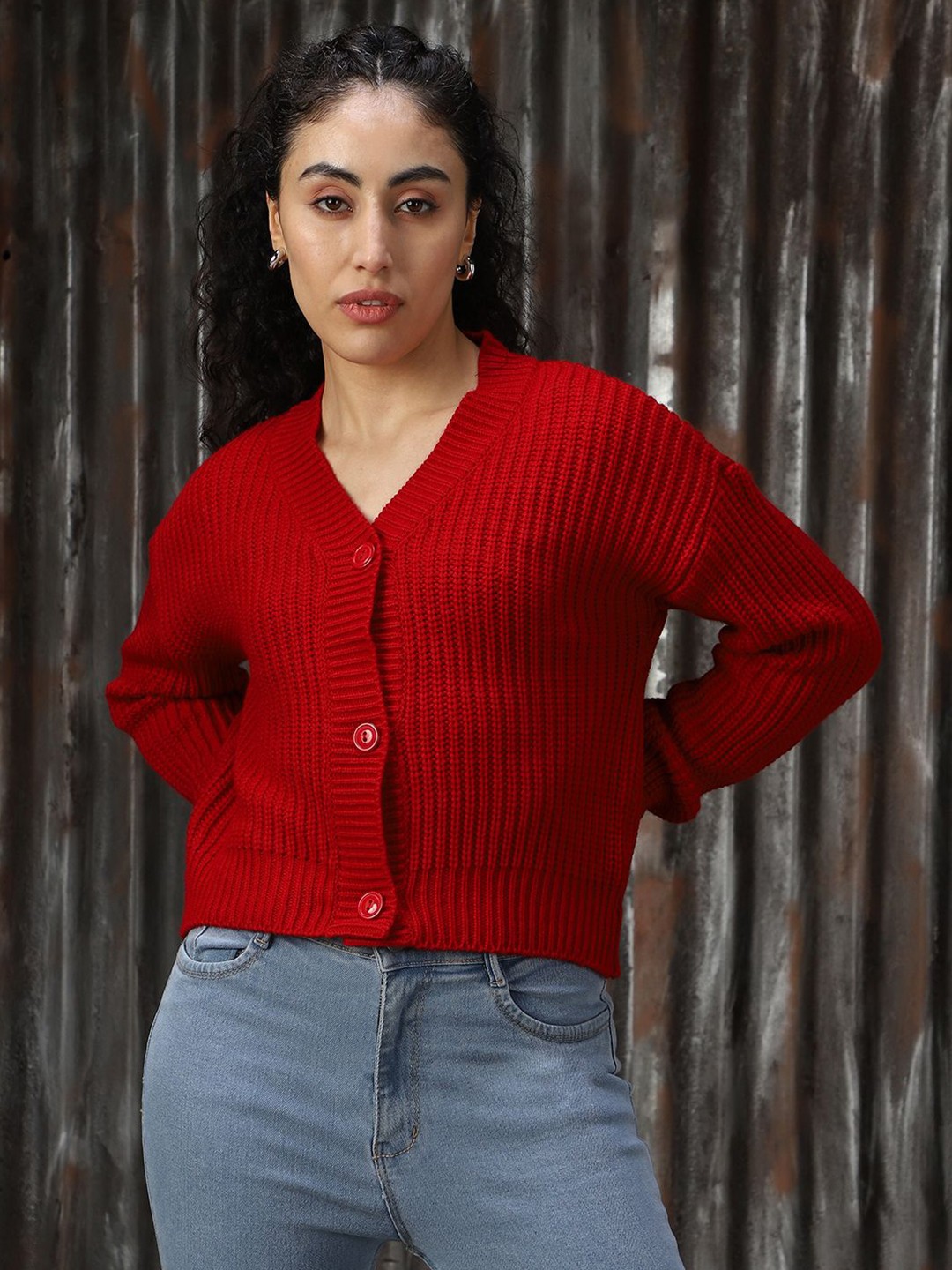 

High Star Women V Neck Ribbed Cardigan, Red