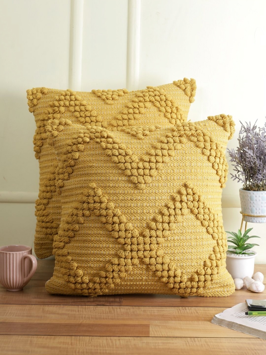 

eyda Yellow 2 Pieces Geometric Cotton Square Cushion Covers